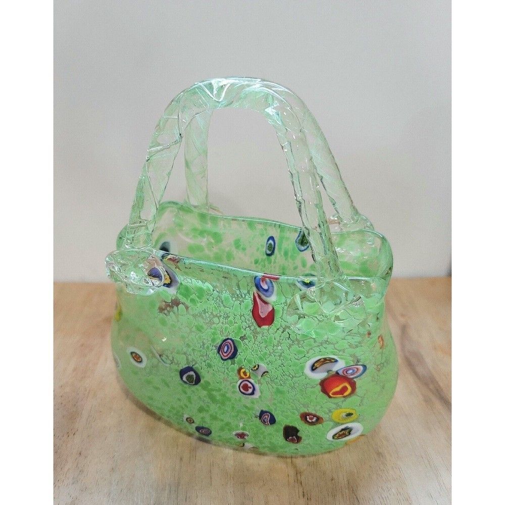 Vintage Italian Murano Style Millefiori Blown Art Glass Purse Handmade, Green